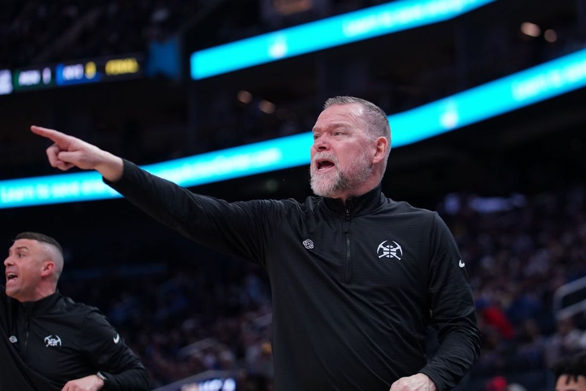 Apr 4, 2025; San Francisco, California, USA;  Denver Nuggets head coach Michael Malone yells direction during a game against the Golden State Warriors in the third period at Chase Center. Mandatory Credit: David Gonzales-Imagn Images