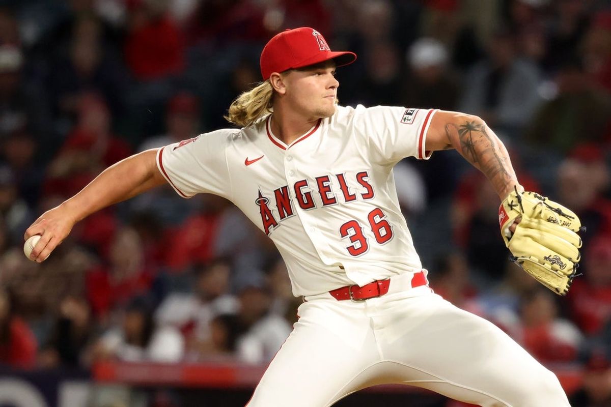 Apr 4, 2025; Anaheim, California, USA;  Los Angeles Angels pitcher Caden Dana (36) pitches during the ninth inning against the Cleveland Guardians at Angel Stadium. Mandatory Credit: Kiyoshi Mio-Imagn Images