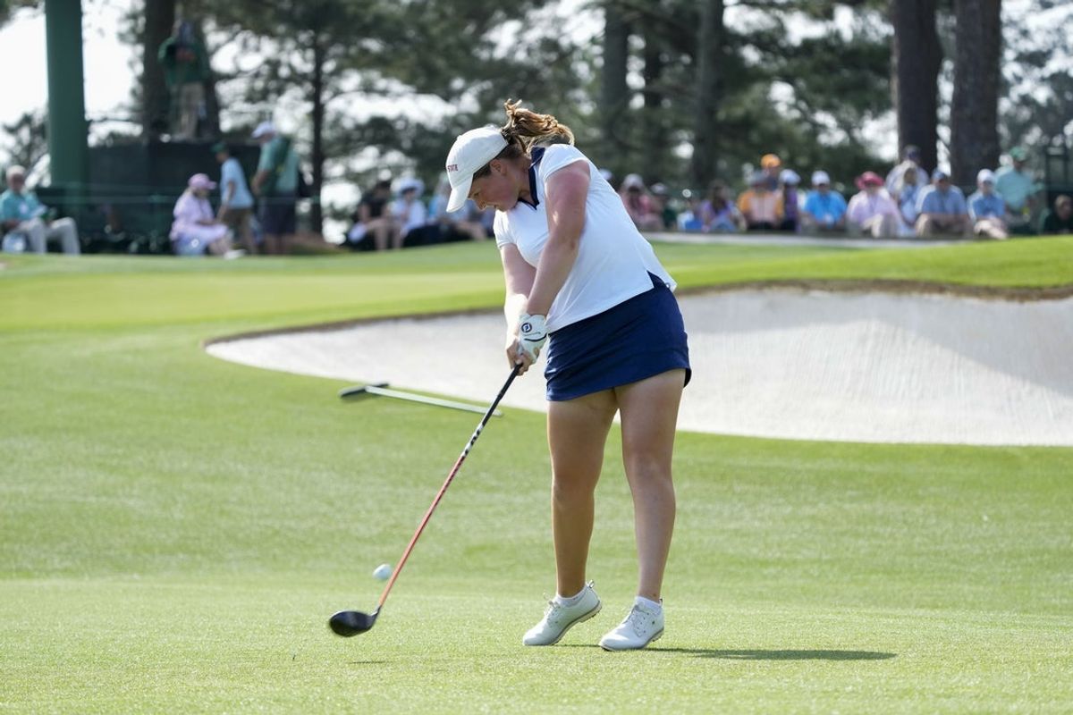 Apr 5, 2025; Augusta, Georgia, USA; Lottie Woad hits her tee shot on the third hole during the final round of the Augusta National Women's Amateur golf tournament at Augusta National Golf Club. Mandatory Credit: Michael Madrid-Imagn Images