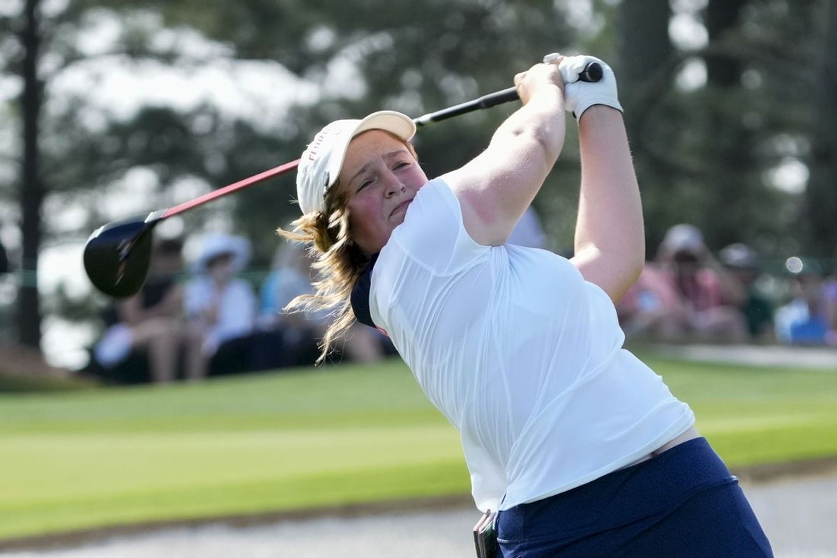 Apr 5, 2025; Augusta, Georgia, USA; Lottie Woad hits her tee shot on the third hole during the final round of the Augusta National Women's Amateur golf tournament at Augusta National Golf Club. Mandatory Credit: Michael Madrid-Imagn Images