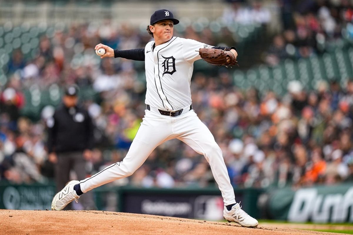 Detroit Tigers pitcher Reese Olson (45) throws against Chicago White Sox during the first inning at Comerica Park in Detroit on Saturday, April 5, 2025.
