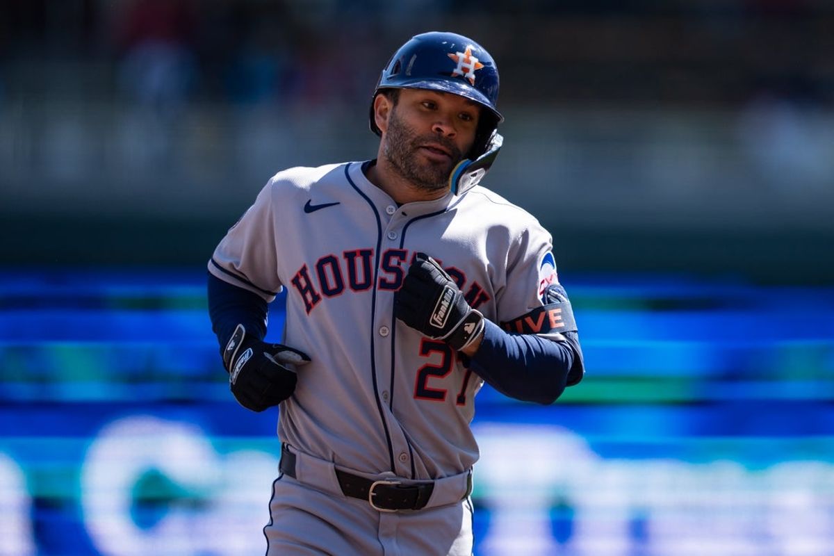 Apr 5, 2025; Minneapolis, Minnesota, USA; Houston Astros left fielder Jose Altuve (27) rounds the bases after hitting a solo home run during the first inning against the Minnesota Twins at Target Field. Mandatory Credit: Jordan Johnson-Imagn Images
