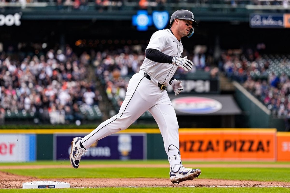 Detroit Tigers first base Spencer Torkelson (20) bats a solo home run against Chicago White Sox during the third inning at Comerica Park in Detroit on Saturday, April 5, 2025.
