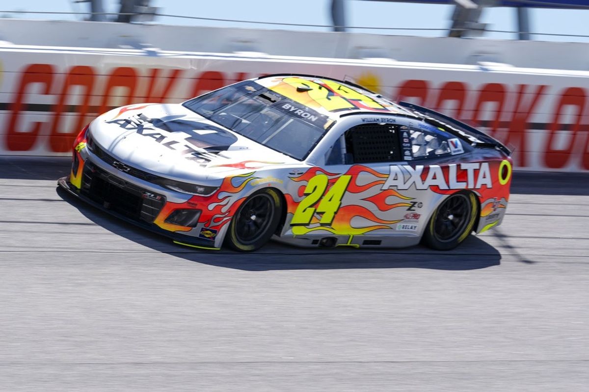 Apr 5, 2025; Darlington, South Carolina, USA; NASCAR Cup Series driver William Byron (24) during practice and qualifying at Darlington Raceway. Mandatory Credit: Jim Dedmon-Imagn Images