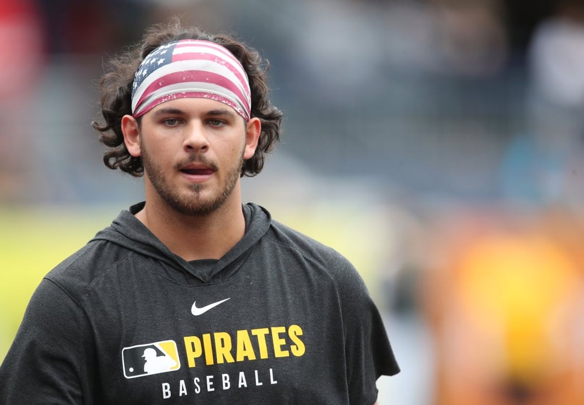 Apr 5, 2025; Pittsburgh, Pennsylvania, USA; Pittsburgh Pirates pitcher Jared Jones (37) looks on before the game against the New York Yankees at PNC Park. Mandatory Credit: Charles LeClaire-Imagn Images