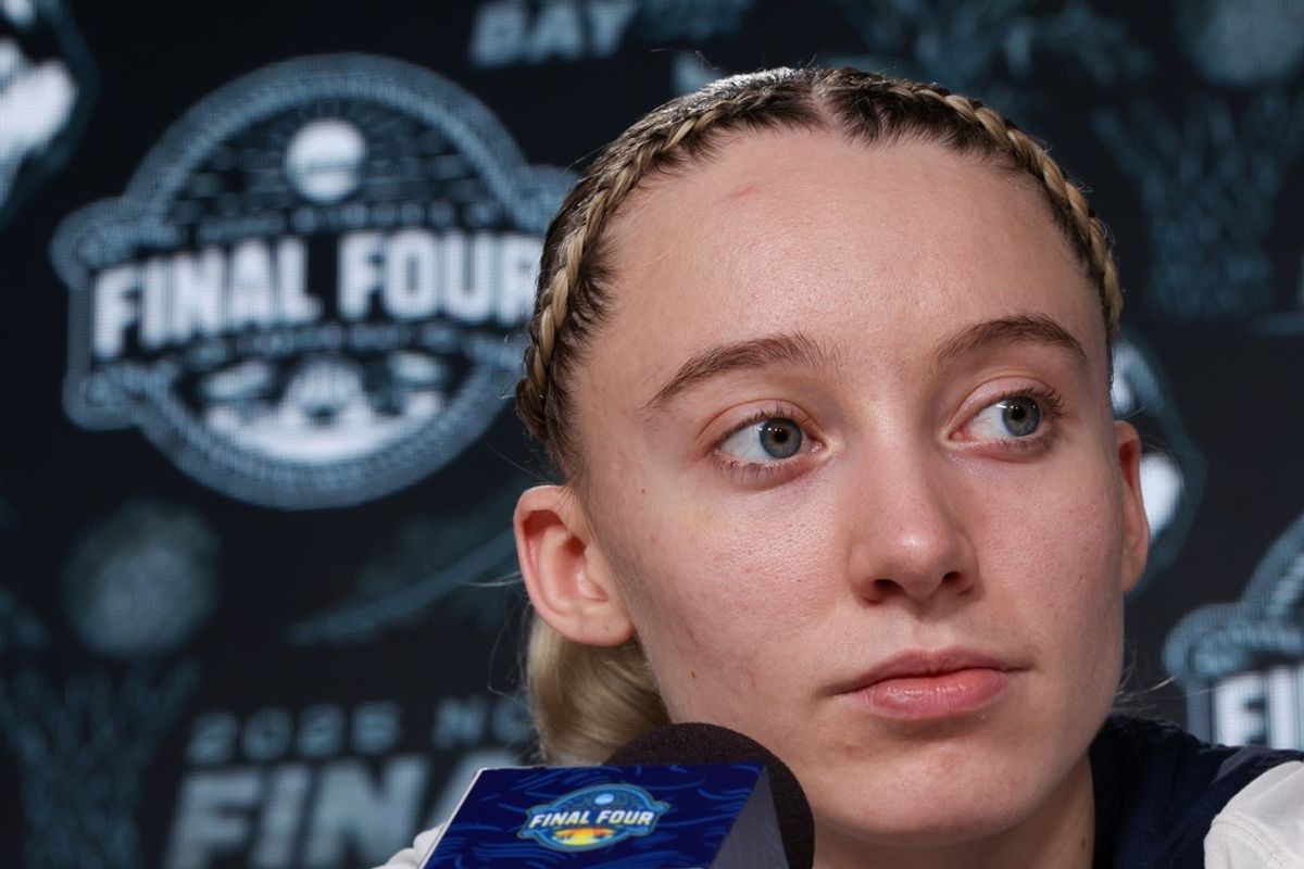 Apr 5, 2025; Tampa, FL, USA; UConn Huskies guard Paige Bueckers (5) talks to media before the NCAA Woman’s Final practice at Amalie Arena. Mandatory Credit: Nathan Ray Seebeck-Imagn Images