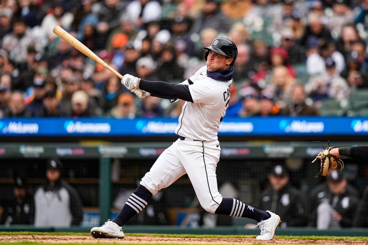 Detroit Tigers right fielder Kerry Carpenter (30) bats against Chicago White Sox during the eighth inning at Comerica Park in Detroit on Saturday, April 5, 2025.