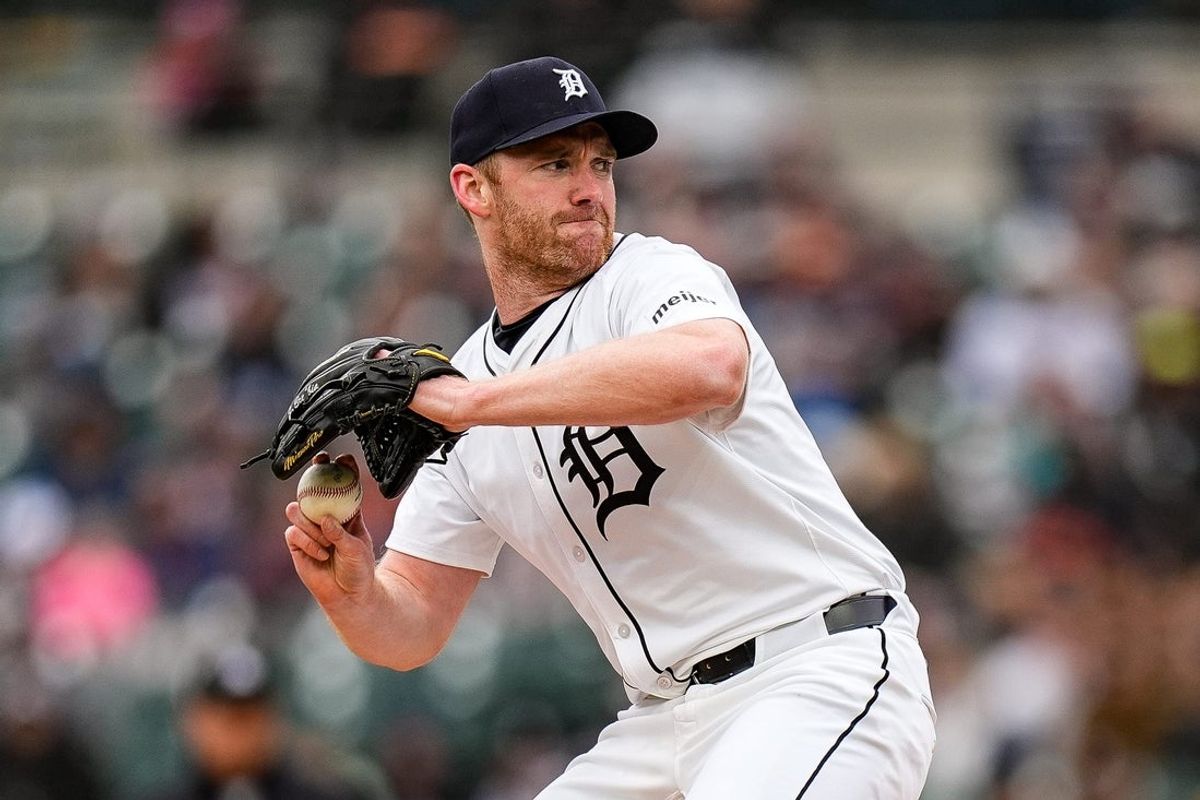Detroit Tigers pitcher John Brebbia (49) throws against Chicago White Sox during the eighth inning at Comerica Park in Detroit on Saturday, April 5, 2025.