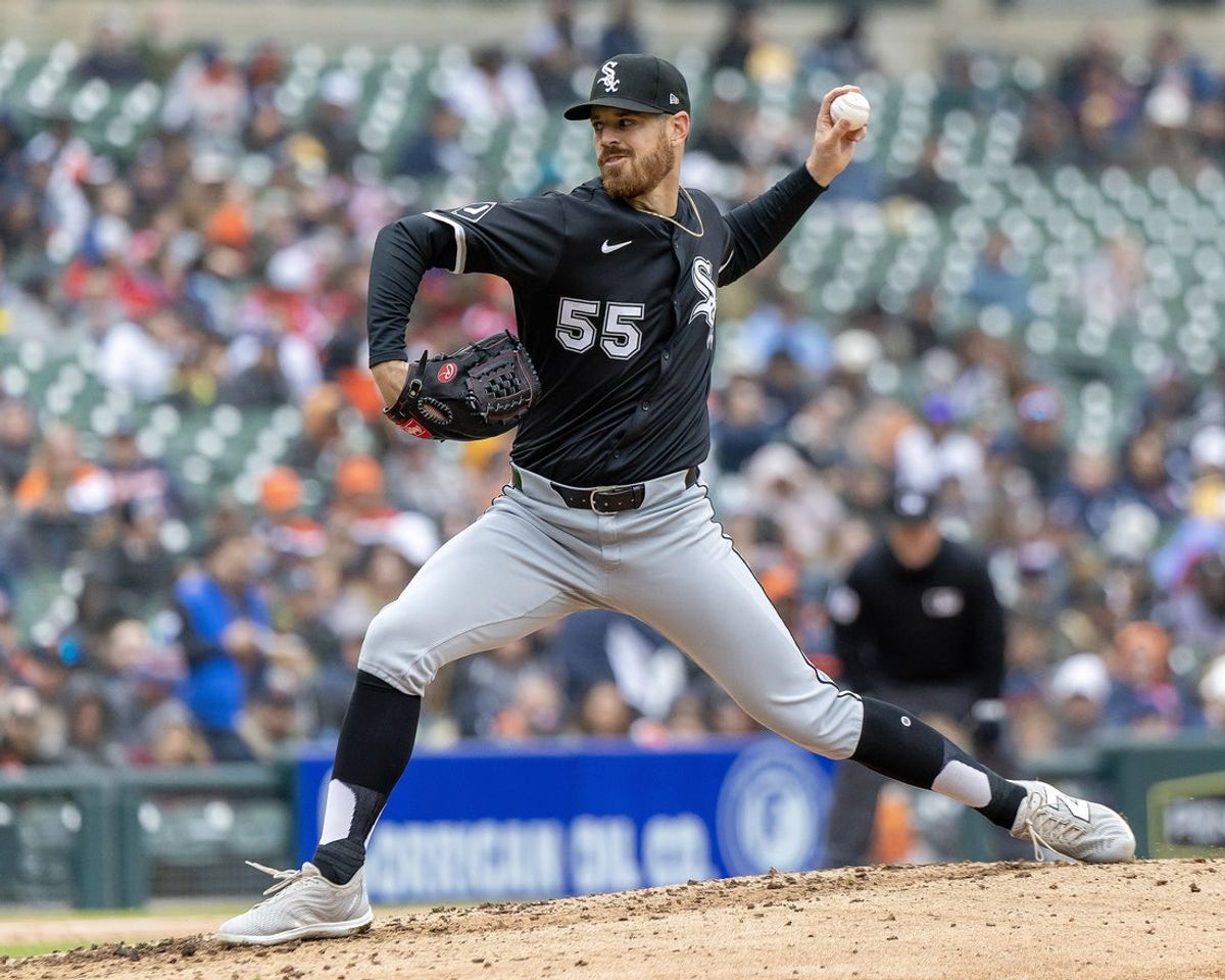 Apr 5, 2025; Detroit, Michigan, USA; Chicago White Sox pitcher Fraser Ellard (55) throws in the sixth inning against the Detroit Tigers at Comerica Park. Mandatory Credit: David Reginek-Imagn Images