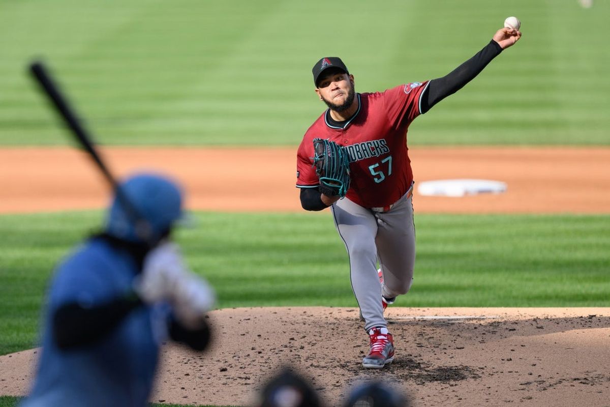 Apr 5, 2025; Washington, District of Columbia, USA; Arizona Diamondbacks pitcher Eduardo Rodriguez (57) throws a pitch during the fourth inning against the Washington Nationals at Nationals Park. Mandatory Credit: Reggie Hildred-Imagn Images
