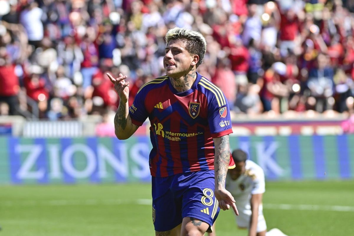 Apr 5, 2025; Sandy, Utah, USA; Real Salt Lake midfielder Diego Luna (8) celebrates after a goal against the LA Galaxy during the first half at America First Field. Mandatory Credit: Christopher Creveling-Imagn Images