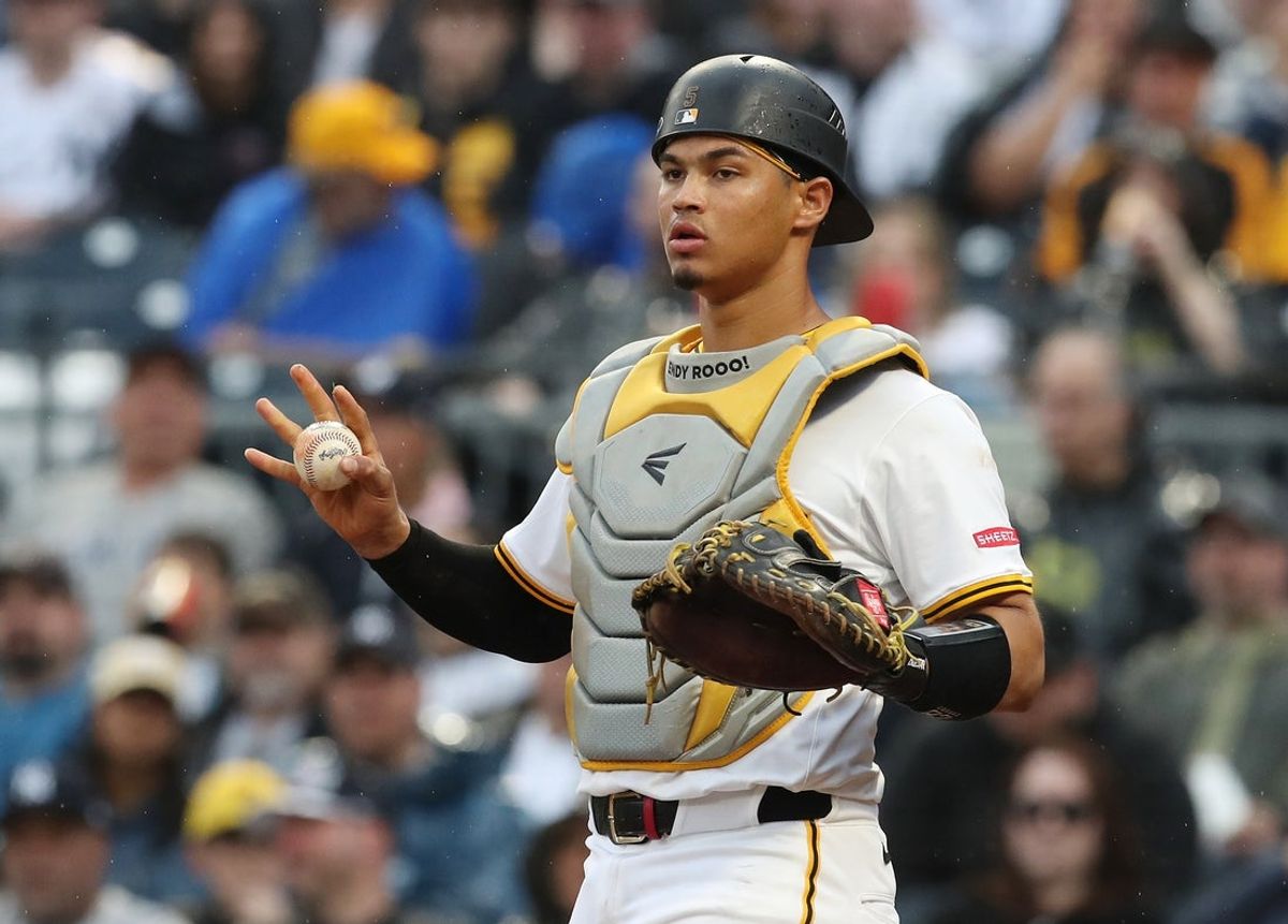 Apr 5, 2025; Pittsburgh, Pennsylvania, USA;  Pittsburgh Pirates catcher Endy Rodriguez (5) asks for time-out against the New York Yankees during the fifth inning at PNC Park. Mandatory Credit: Charles LeClaire-Imagn Images