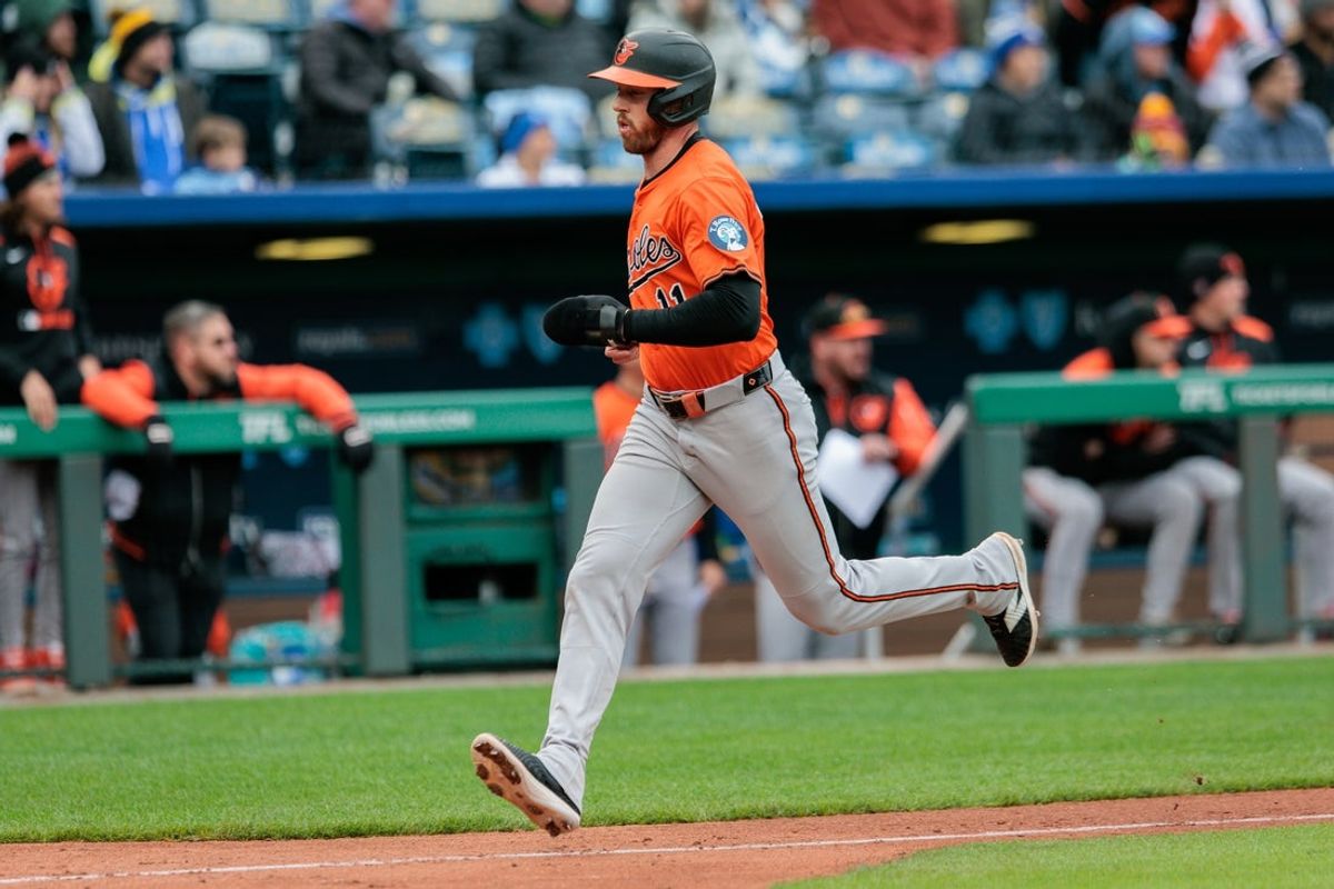 Apr 5, 2025; Kansas City, Missouri, USA; Baltimore Orioles third base Jordan Westburg (11) crosses home plate during the seventh inning against the Kansas City Royals at Kauffman Stadium. Mandatory Credit: William Purnell-Imagn Images