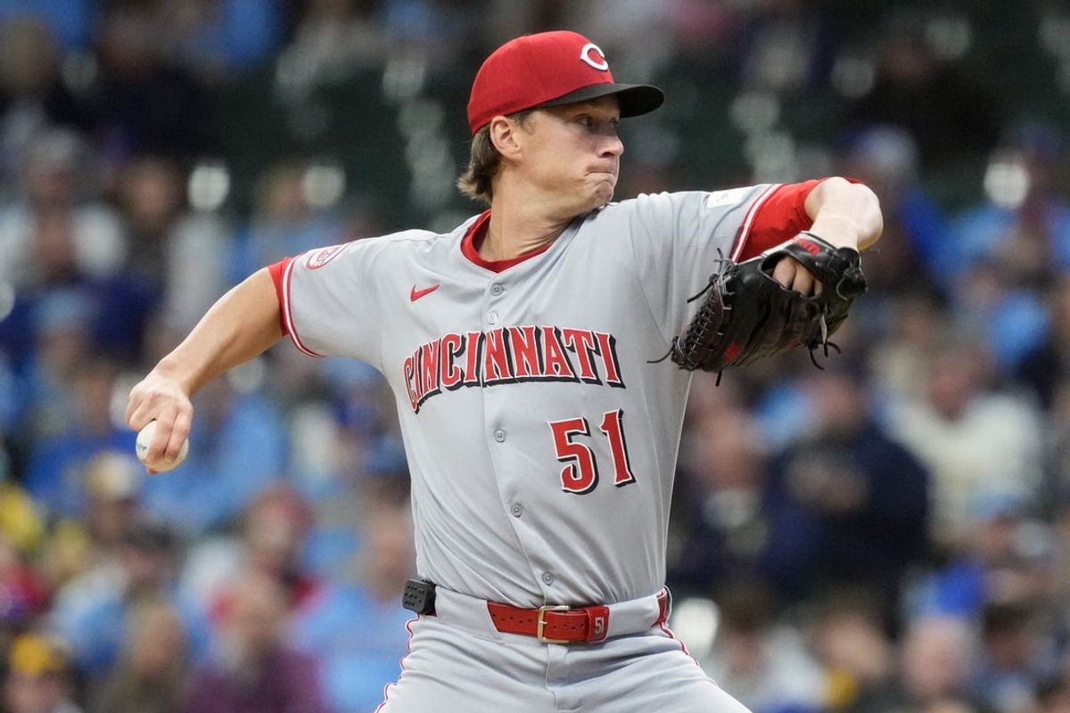 Apr 5, 2025; Milwaukee, Wisconsin, USA;  Cincinnati Reds pitcher Brady Singer (51) throws a pitch during the first inning against the Milwaukee Brewers at American Family Field. Mandatory Credit: Jeff Hanisch-Imagn Images
