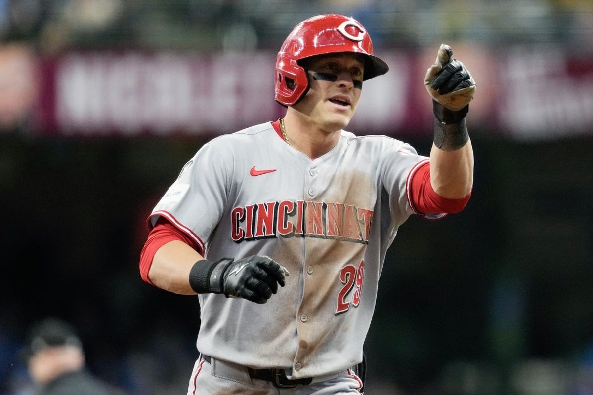 Apr 5, 2025; Milwaukee, Wisconsin, USA;  Cincinnati Reds designated hitter TJ Friedl (29) celebrates after hitting a home run during the second inning against the Milwaukee Brewers at American Family Field. Mandatory Credit: Jeff Hanisch-Imagn Images