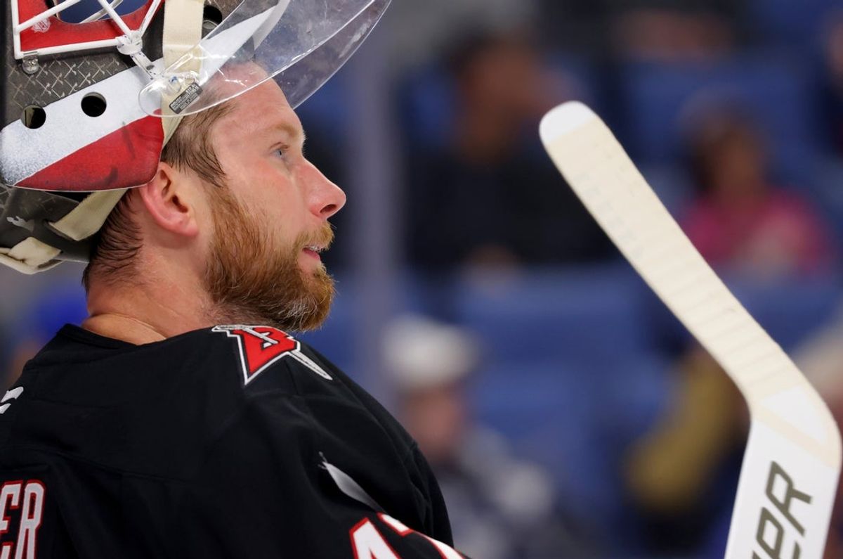 Apr 5, 2025; Buffalo, New York, USA;  Buffalo Sabres goaltender James Reimer (47) during a stoppage in play against the Tampa Bay Lightning at KeyBank Center. Mandatory Credit: Timothy T. Ludwig-Imagn Images