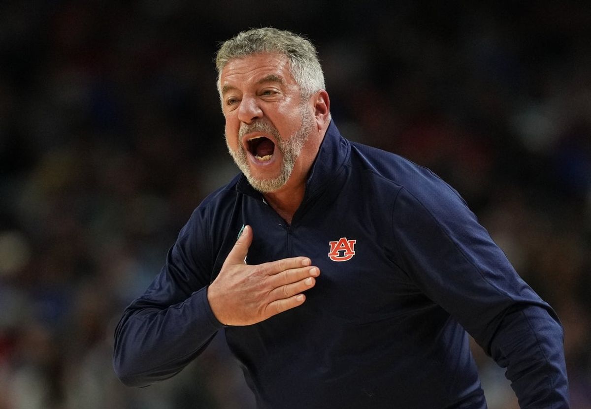 Apr 5, 2025; San Antonio, TX, USA; Auburn Tigers head coach Bruce Pearl reacts after a play against the Florida Gators during the second half in the semifinals of the men's Final Four of the 2025 NCAA Tournament at the Alamodome. Mandatory Credit: Bob Donnan-Imagn Images