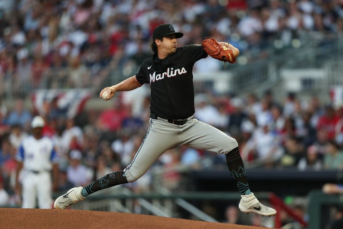 Apr 5, 2025; Cumberland, Georgia, USA; Miami Marlins pitcher Cal Quantrill (47) pitches against the Atlanta Braves in the first inning at Truist Park. Mandatory Credit: Mady Mertens-Imagn Images
