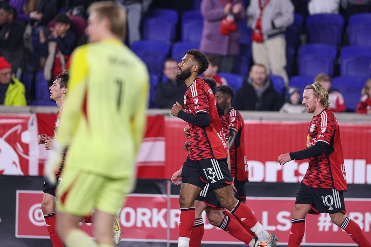 Apr 5, 2025; Harrison, New Jersey, USA; New York Red Bulls forward Eric Maxim Choupo-Moting (13) celebrates with teammates after his goal against Chicago Fire FC during the first half at Sports Illustrated Stadium. Mandatory Credit: Vincent Carchietta-Imagn Images