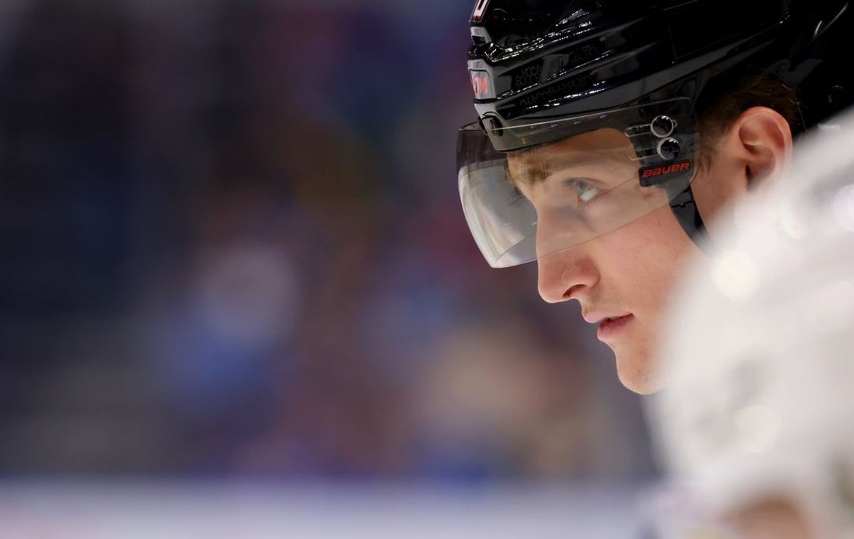 Apr 5, 2025; Buffalo, New York, USA;  Buffalo Sabres center Tage Thompson (72) waits for the face-off during the second period against the Tampa Bay Lightning at KeyBank Center. Mandatory Credit: Timothy T. Ludwig-Imagn Images