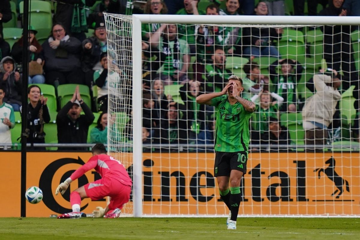 Apr 5, 2025; Austin, Texas, USA; Austin FC forward Myrto Uzuni (10) reacts to missing a shot on goal during the first half of Austin FC against the Portland Timbers at Q2 Stadium. Mandatory Credit: Joaquin Torre-Imagn Images