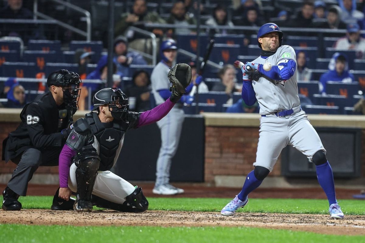 Apr 5, 2025; New York City, New York, USA;  Toronto Blue Jays right fielder George Springer (4) reacts after almost getting hit by a pitch in the fourth inning against the New York Mets at Citi Field. Mandatory Credit: Wendell Cruz-Imagn Images