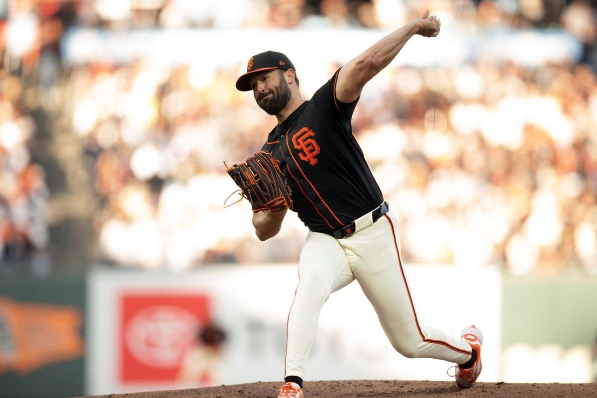 Apr 5, 2025; San Francisco, California, San Francisco Giants starting pitcher Robbie Ray (38) delivers a pitch against the Seattle Mariners during the first inning at Oracle Park. Mandatory Credit: D. Ross Cameron-Imagn Images