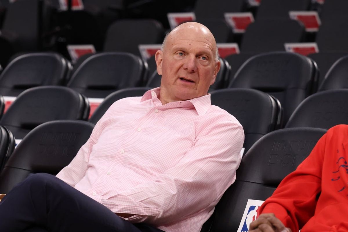 Apr 5, 2025; Inglewood, California, USA;  Los Angeles Clippers owner Steve Ballmer sits courtside before the game against the Dallas Mavericks at Intuit Dome. Mandatory Credit: Kiyoshi Mio-Imagn Images