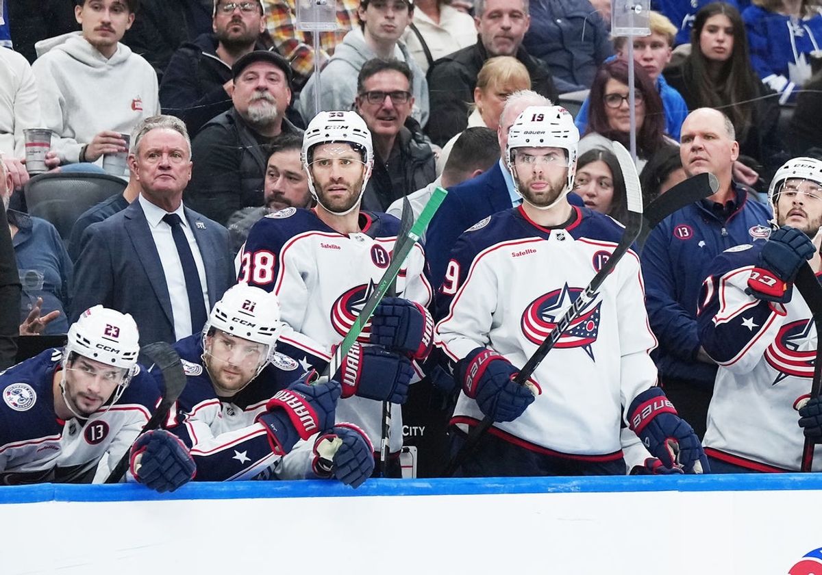 Apr 5, 2025; Toronto, Ontario, CAN; Columbus Blue Jackets head coach Dean Evason watches the play against the Toronto Maple Leafs during the third period at Scotiabank Arena. Mandatory Credit: Nick Turchiaro-Imagn Images