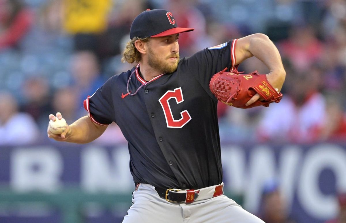Apr 5, 2025; Anaheim, California, USA;  Cleveland Guardians starting pitcher Tanner Bibee (28) delivers to the plate in the first inning against the Los Angeles Angels at Angel Stadium. Mandatory Credit: Jayne Kamin-Oncea-Imagn Images