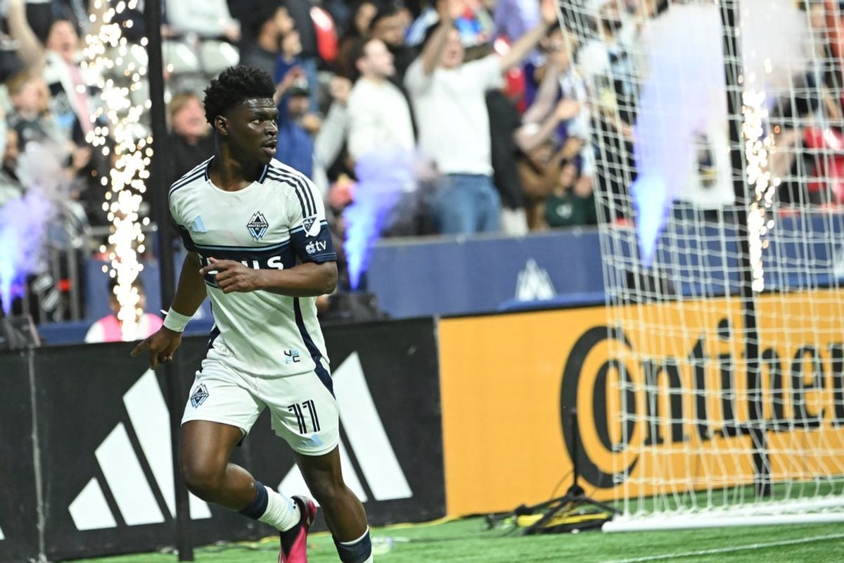 Apr 5, 2025; Vancouver, British Columbia, CAN;  Vancouver Whitecaps FC forward Emmanuel Sabbi (11) scores against Colorado Rapids during the first half at BC Place. Mandatory Credit: Simon Fearn-Imagn Images
