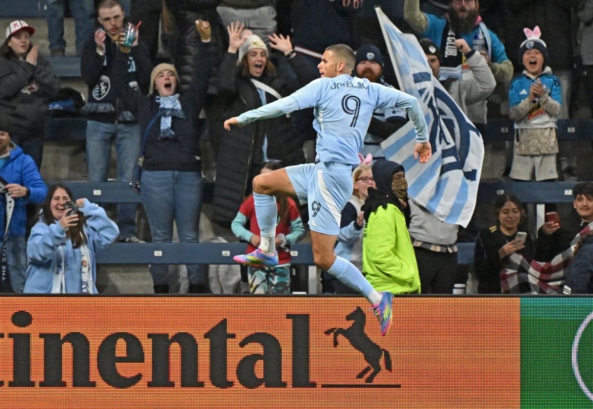 Apr 5, 2025; Kansas City, Kansas, USA;  Sporting Kansas City forward Dejan Joveljic (9) reacts after scoring his second goal against St. Louis City in the second half at Children's Mercy Park. Mandatory Credit: Peter Aiken-Imagn Images