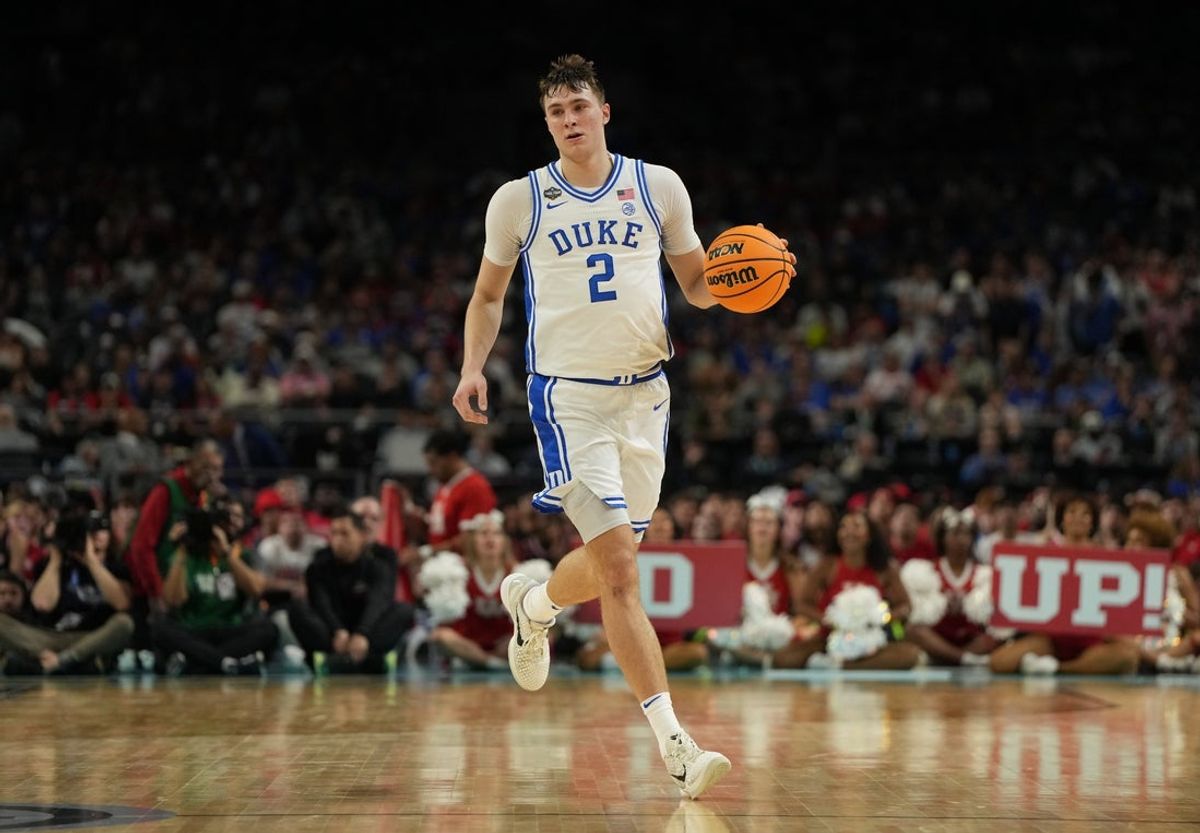 Apr 5, 2025; San Antonio, TX, USA; Duke Blue Devils forward Cooper Flagg (2) dribbles the ball against the Houston Cougars during the second half in the semifinals of the men's Final Four of the 2025 NCAA Tournament at the Alamodome. Mandatory Credit: Bob Donnan-Imagn Images