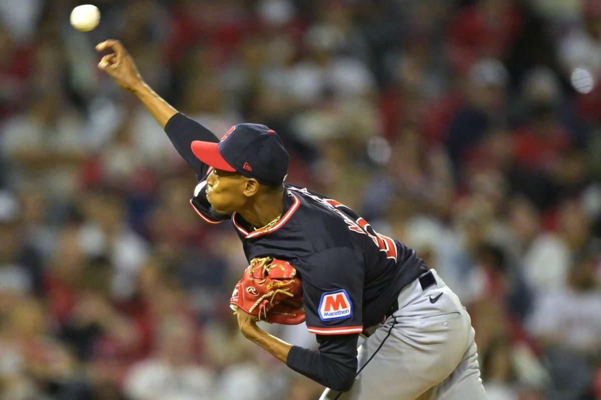 Apr 5, 2025; Anaheim, California, USA;Cleveland Guardians relief pitcher Triston McKenzie (24) delivers to the plate in the fifth inning against the Los Angeles Angels at Angel Stadium. Mandatory Credit: Jayne Kamin-Oncea-Imagn Images