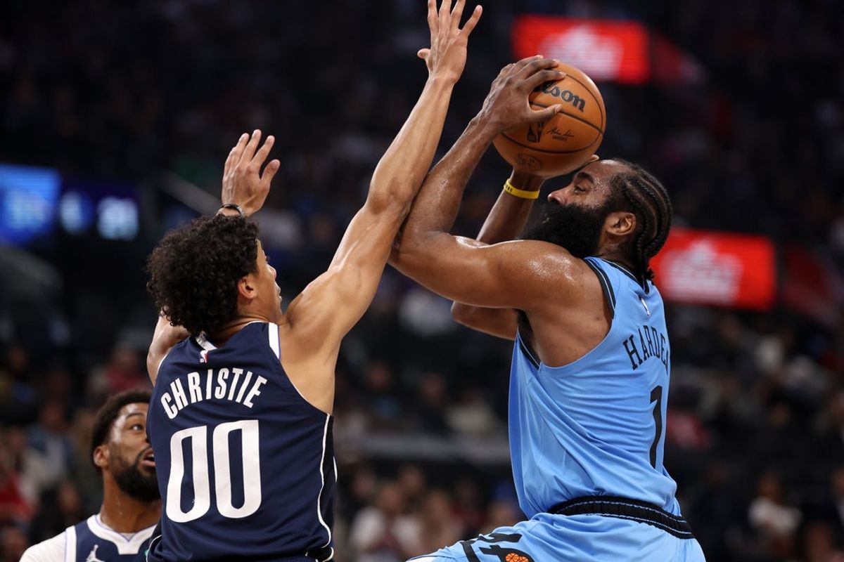 Apr 5, 2025; Inglewood, California, USA;  Los Angeles Clippers guard James Harden (1) goes to the basket against Dallas Mavericks guard Max Christie (00) during the first quarter at Intuit Dome. Mandatory Credit: Kiyoshi Mio-Imagn Images