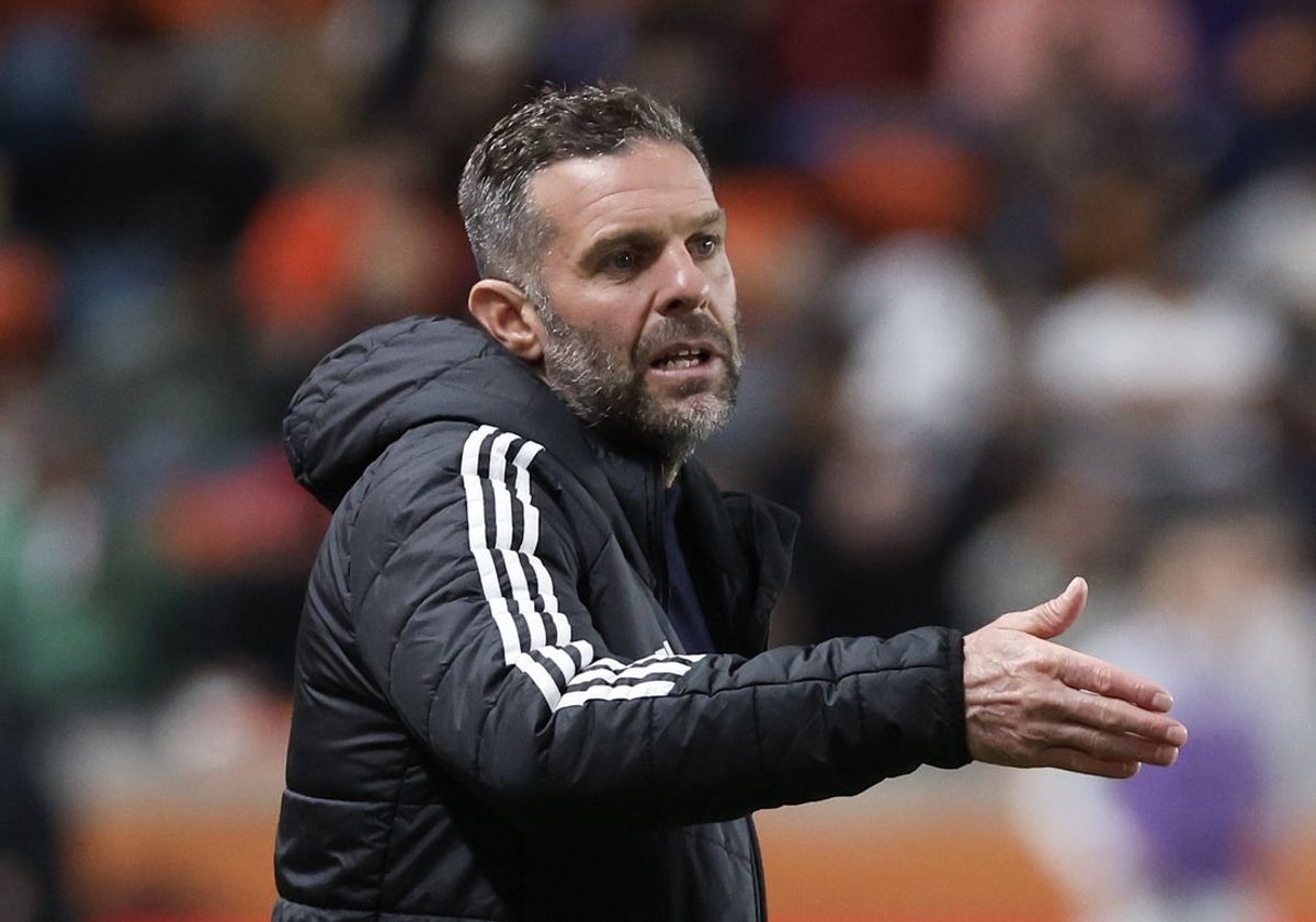 Apr 5, 2025; Houston, Texas, USA; Houston Dynamo FC head coach Ben Olsen reacts while his team plays against the Los Angeles FC  in the second half at Shell Energy Stadium. Mandatory Credit: Thomas Shea-Imagn Images