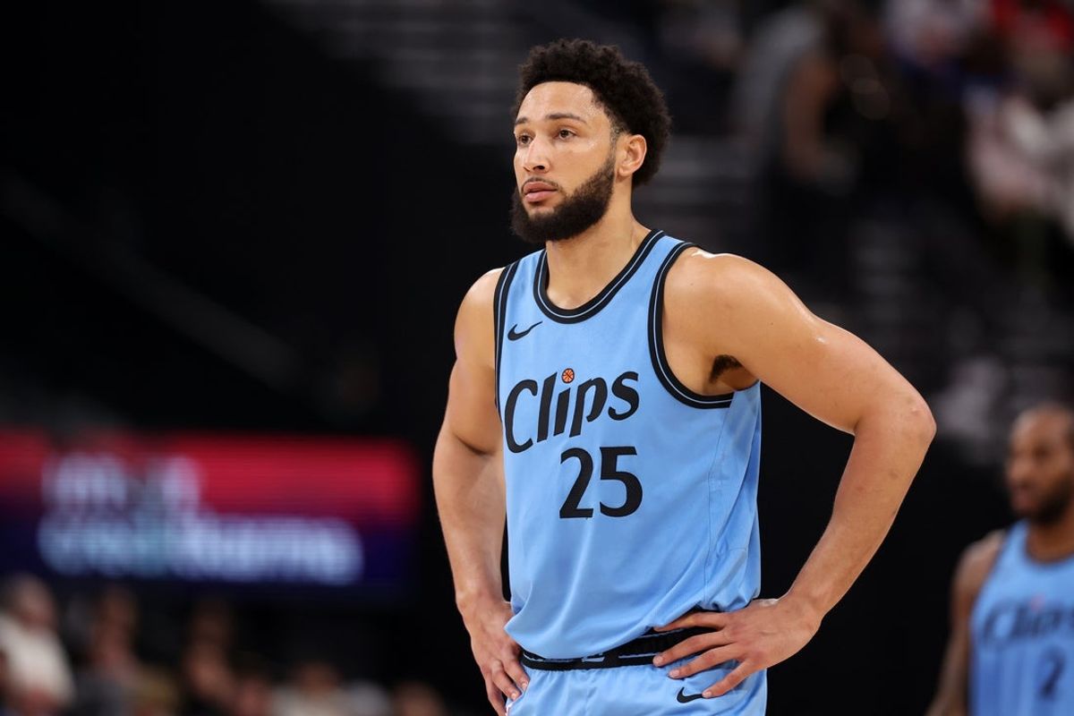 Apr 5, 2025; Inglewood, California, USA;  Los Angeles Clippers guard Ben Simmons (25) looks on during the first half against the Dallas Mavericks at Intuit Dome. Mandatory Credit: Kiyoshi Mio-Imagn Images