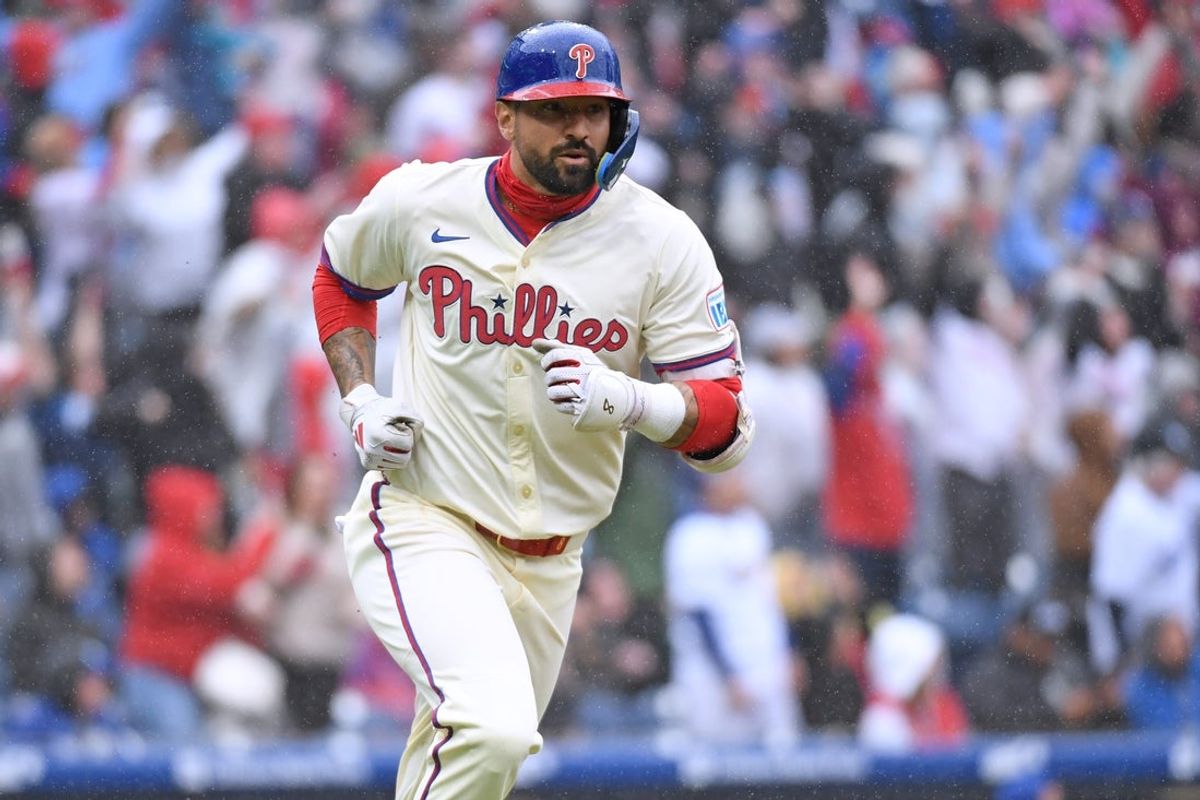 Apr 6, 2025; Philadelphia, Pennsylvania, USA; Philadelphia Phillies outfielder Nick Castellanos (8) reacts after hitting a grand slam during the third inning against the Los Angeles Dodgers home run at Citizens Bank Park. Mandatory Credit: Eric Hartline-Imagn Images