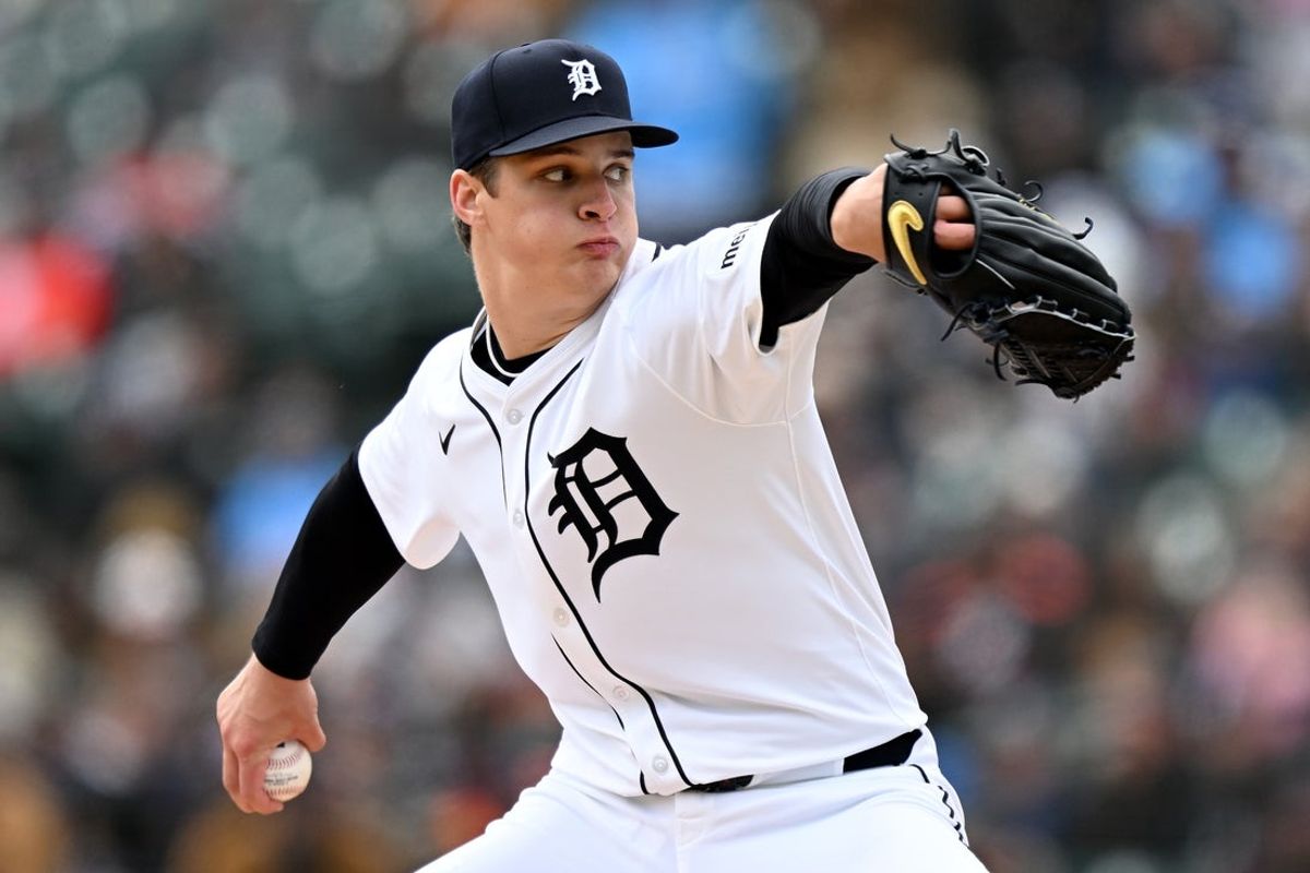Apr 6, 2025; Detroit, Michigan, USA; Detroit Tigers starting pitcher Jackson Jobe (21) throws a pitch against the Chicago White Sox  in the third inning at Comerica Park. Mandatory Credit: Lon Horwedel-Imagn Images