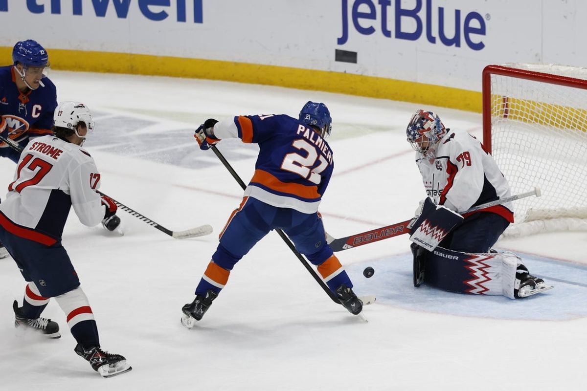Apr 6, 2025; Elmont, New York, USA;  New York Islanders forward Kyle Palmieri (21) shoots against Washington Capitals goaltender Charlie Lingren (79) during the third period at UBS Arena. Mandatory Credit: Geoff Burke-Imagn Images