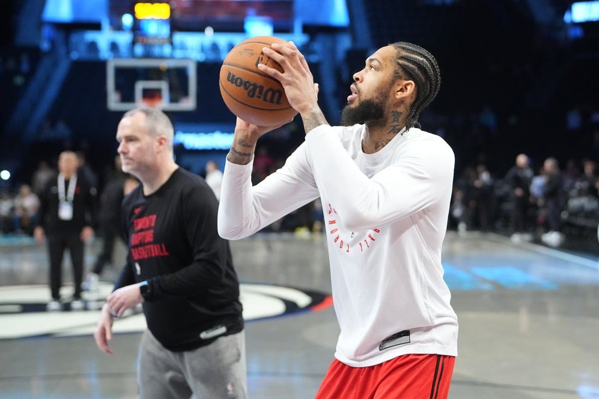 Apr 6, 2025; Brooklyn, New York, USA;  Toronto Raptors small forward Brandon Ingram (3) warms up prior to the game against the Brooklyn Nets at Barclays Center. Mandatory Credit: Gregory Fisher-Imagn Images