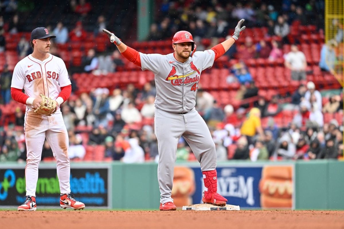 Apr 6, 2025; Boston, Massachusetts, USA; St. Louis Cardinals catcher Pedro Pages (43) reacts to an an RBI double during the eighth inning against the Boston Red Sox at Fenway Park. Mandatory Credit: Eric Canha-Imagn Images