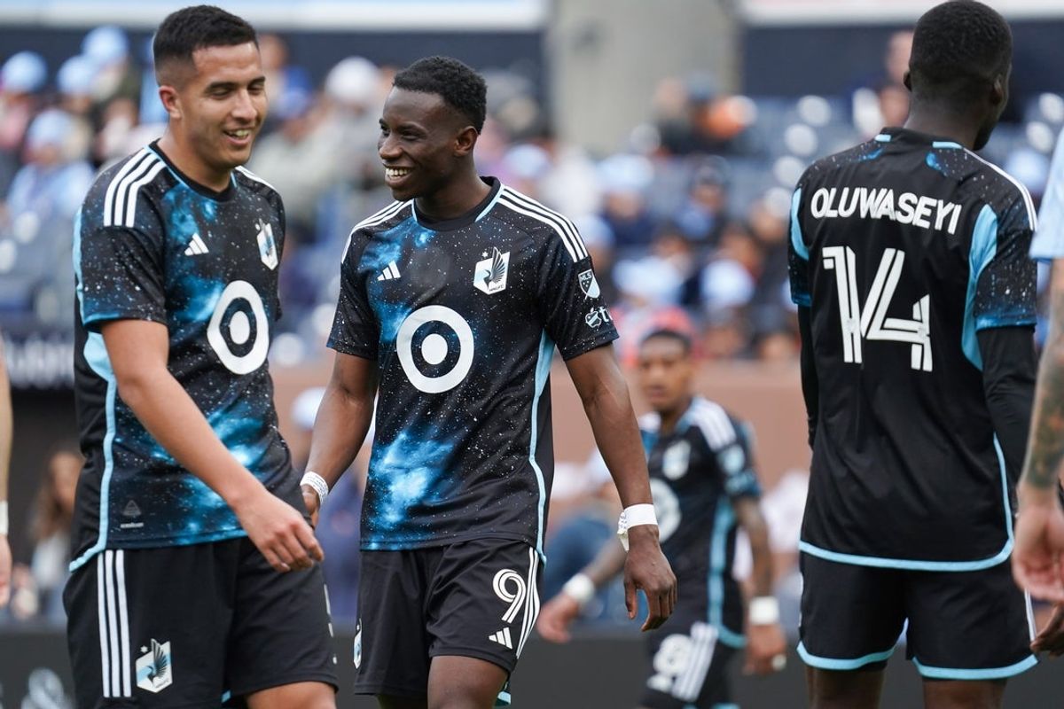 Apr 6, 2025; New York, New York, USA; Minnesota United forward Kelvin Yeboah (9) reacts alongside teammates during the first half against New York City FC at Yankee Stadium. Mandatory Credit: Lucas Boland-Imagn Images