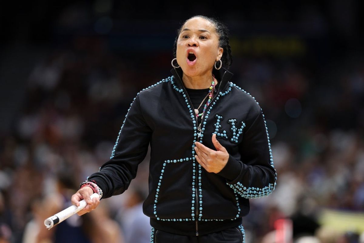 Apr 6, 2025; Tampa, FL, USA; South Carolina Gamecocks head coach Dawn Staley reacts during the first half of the national championship of the women's 2025 NCAA tournament against the Connecticut Huskies at Amalie Arena. Mandatory Credit: Nathan Ray Seebeck-Imagn Images