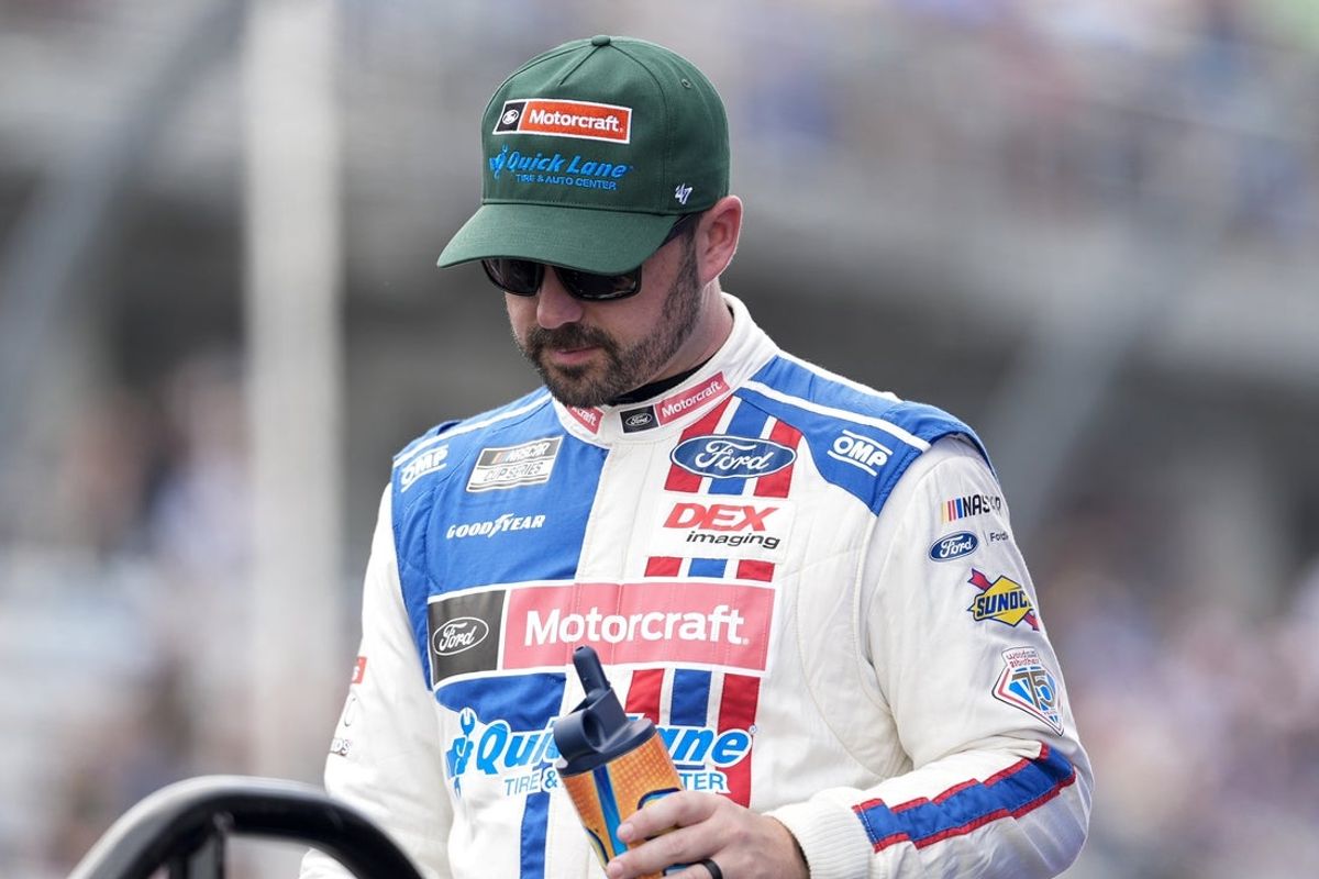 Apr 6, 2025; Darlington, South Carolina, USA; NASCAR Cup Series driver Josh Berry (21) during intros  during the Goodyear 400 at Darlington Raceway. Mandatory Credit: Jim Dedmon-Imagn Images