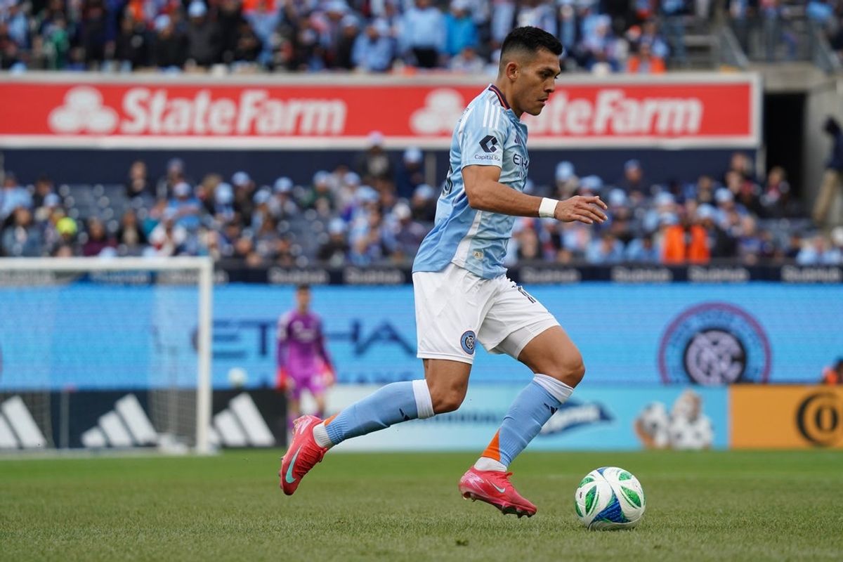 Apr 6, 2025; New York, New York, USA; New York City FC forward Alonso Martinez (16) dribbles during the second half against Minnesota United at Yankee Stadium. Mandatory Credit: Lucas Boland-Imagn Images