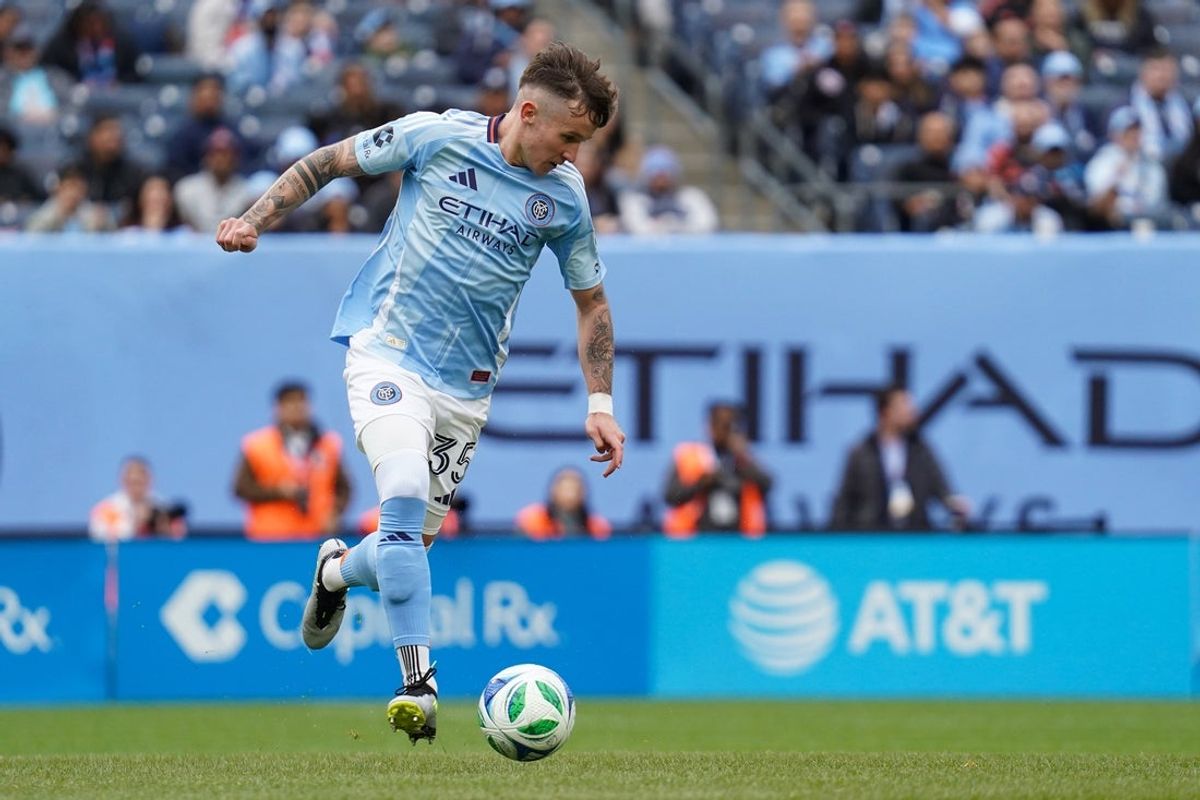 Apr 6, 2025; New York, New York, USA; New York City FC defender Mitja Ilenic (35) dribbles during the second half against Minnesota United at Yankee Stadium. Mandatory Credit: Lucas Boland-Imagn Images