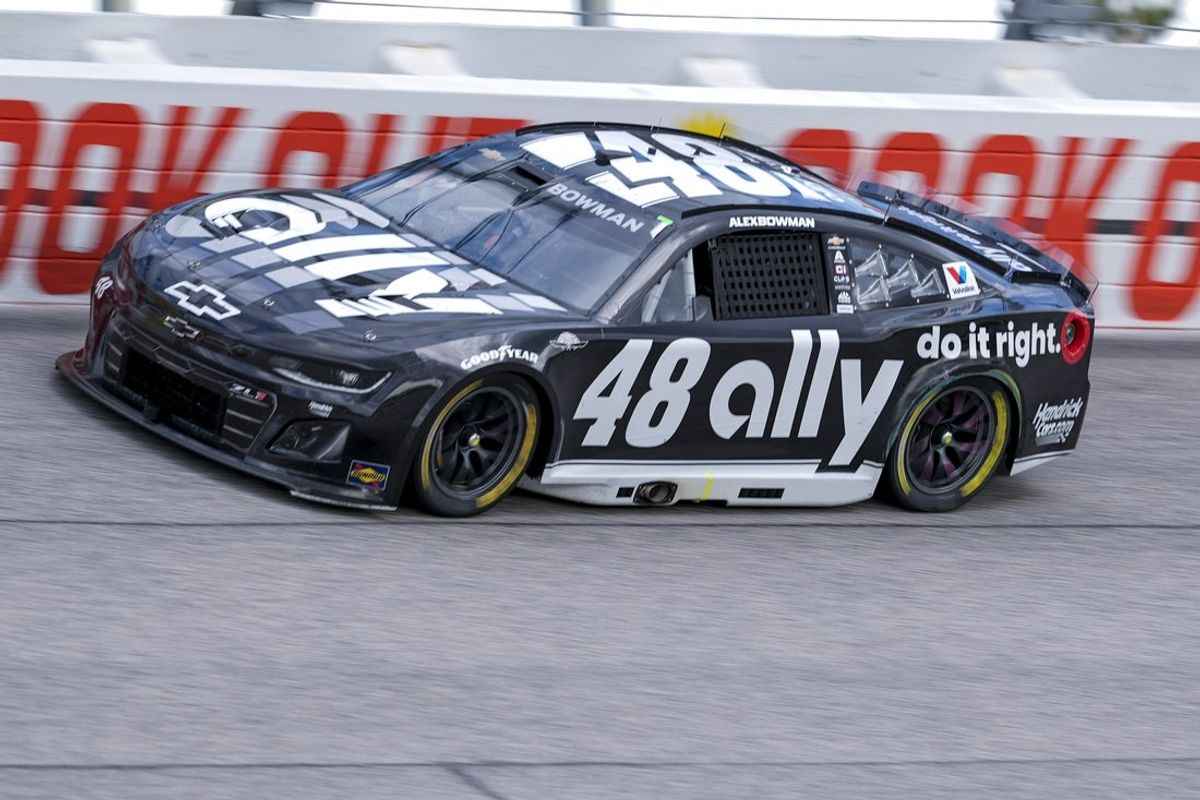 Apr 6, 2025; Darlington, South Carolina, USA; NASCAR Cup Series driver Alex Bowman (48) during the Goodyear 400 at Darlington Raceway. Mandatory Credit: Jim Dedmon-Imagn Images