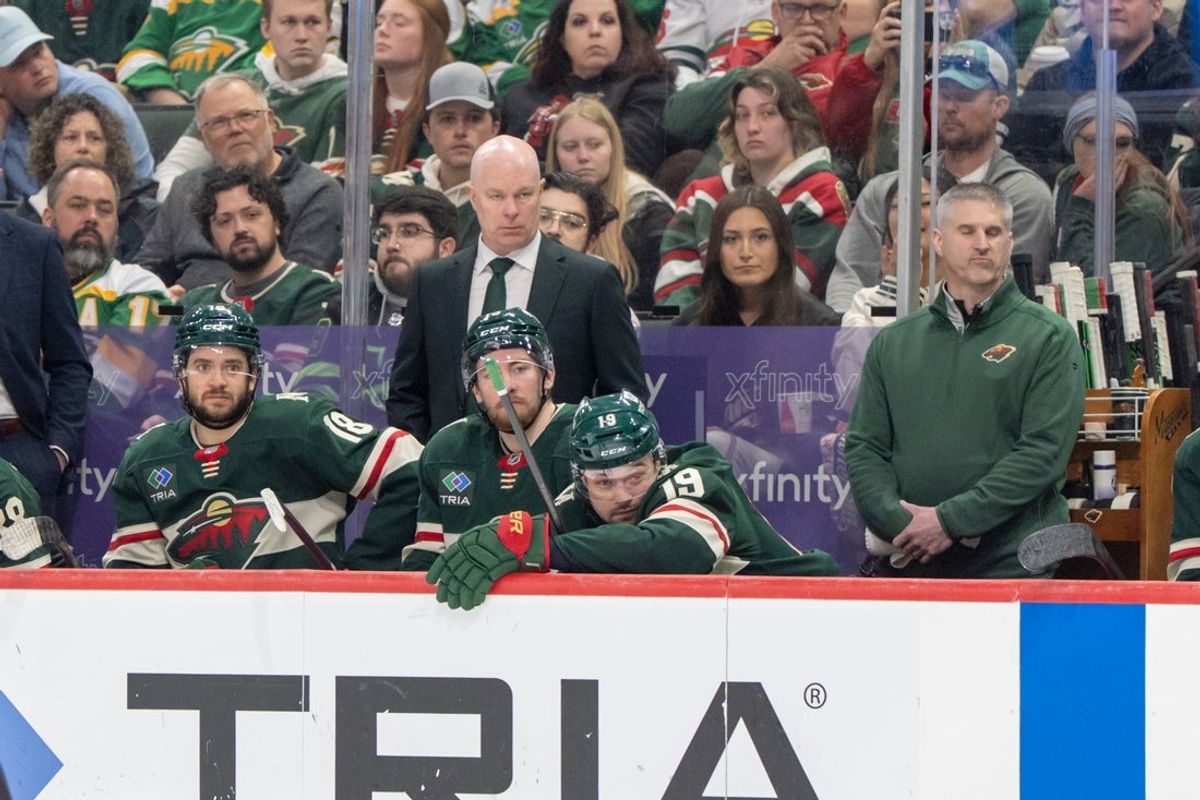 Apr 6, 2025; Saint Paul, Minnesota, USA; Minnesota Wild head coach John Hynes watches play against the Dallas Stars in the third period at Xcel Energy Center. Mandatory Credit: Matt Blewett-Imagn Images