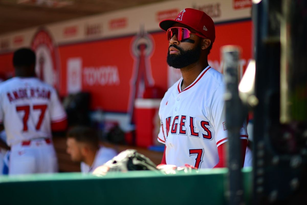 Apr 6, 2025; Anaheim, California, USA; Los Angeles Angels center fielder Jo Adell (7) before playing against the Cleveland Guardians at Angel Stadium. Mandatory Credit: Gary A. Vasquez-Imagn Images